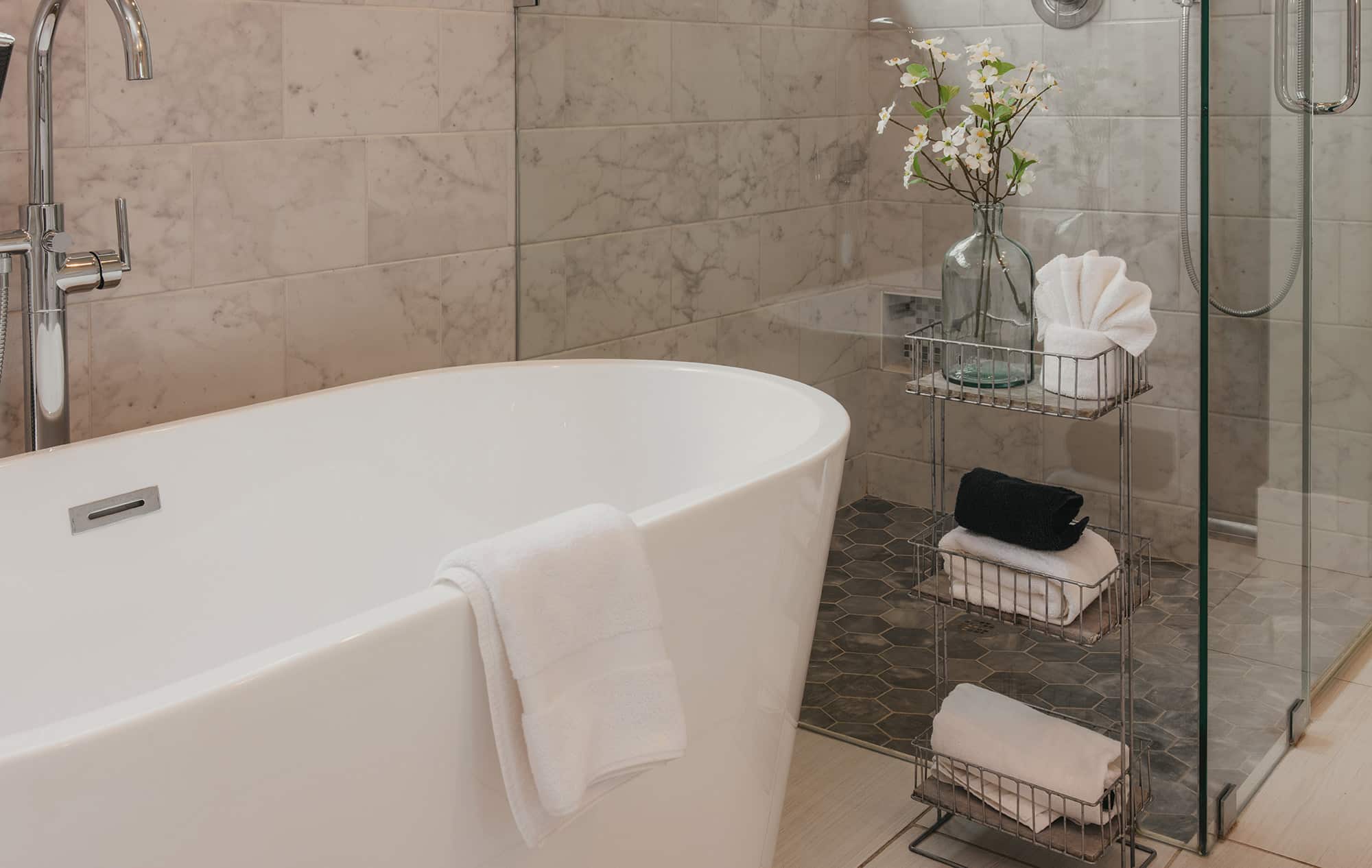 Luxury freestanding soaking tub at Camp Hideaway — off-the-grid does not mean roughing it
