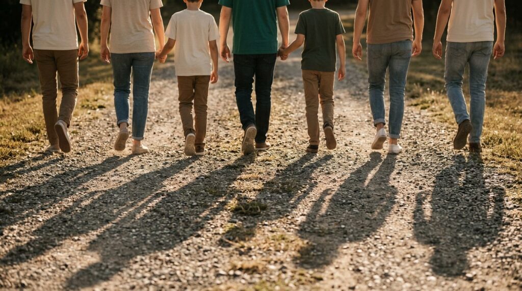 Multigenerational group walking a gravel path together near cabins in Fredericksburg, TX
