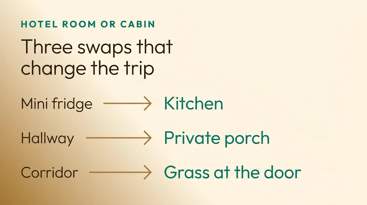 Three swaps comparing a hotel room to Fredericksburg, TX cabins: kitchen, private porch, and grass at the door