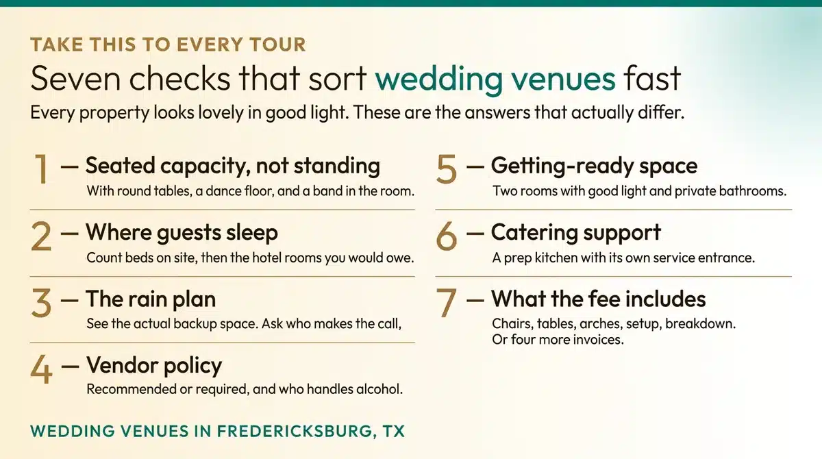 Seven-point checklist for comparing wedding venues in Fredericksburg, TX on a site tour