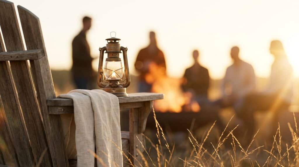 Lantern and linen throw on a chair at golden hour at an offsite retreat location in Texas