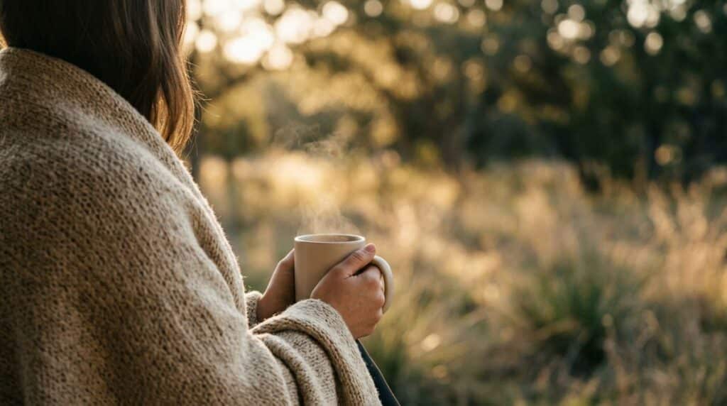 Texas Hill Country cabin rentals: guest wrapped in a blanket with morning coffee in soft Hill Country light